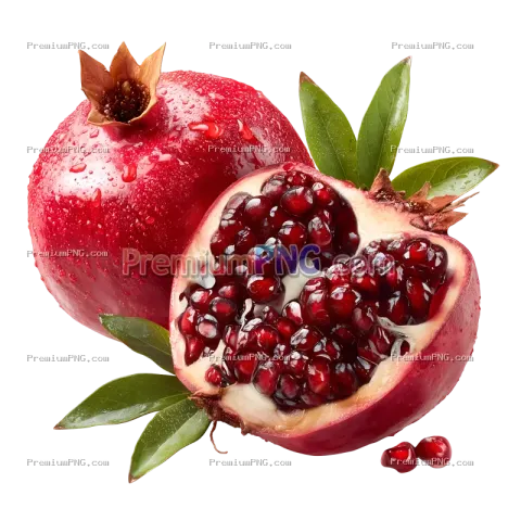 Pomegranate Cut in Half with Seeds and Leaves Transparent PNG