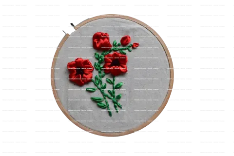 Red Ribbon Embroidery Flowers with Leaves | Textured Crafts Background