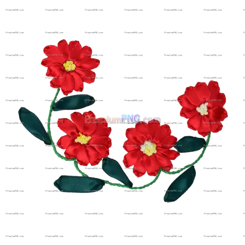 Red ribbon flower vine with green leaves embroidery