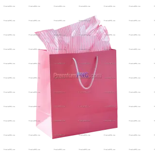 Related image: Solid Pink Gift Bag with Striped Tissue Paper on Transparent Background – Elegant Gift Packaging PNG