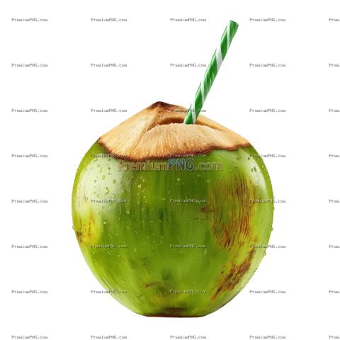 Tropical Green Coconut Drink with Straw on Transparent Background - PNG, WEBP, JPG