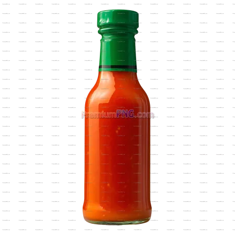 Vibrant Hot Sauce Bottle with Green Cap PNG - Isolated Transparent Background Stock Photo