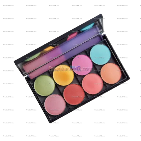 Vibrant Makeup Palette with Colorful Eyeshadows and Blushes on white background