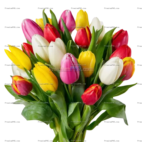 Vibrant Multicolor Tulip Bouquet on Transparent Background
