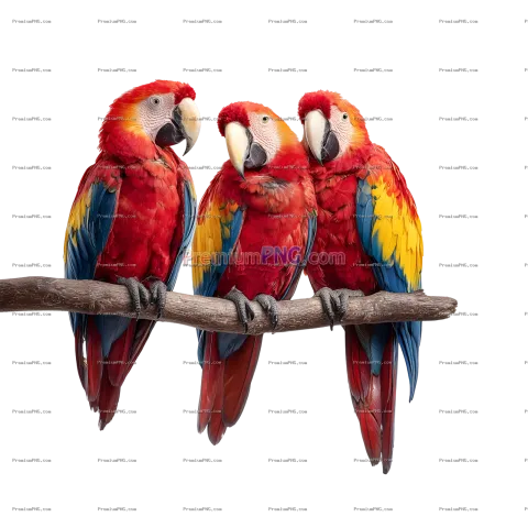 Vivid Red, Yellow and Blue Parrots on Curved Branch PNG – Sharp Detailed Feathers on Transparent Bac