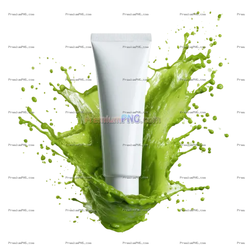 White cosmetic tube emerging from a vibrant green liquid splash isolated on transparent background