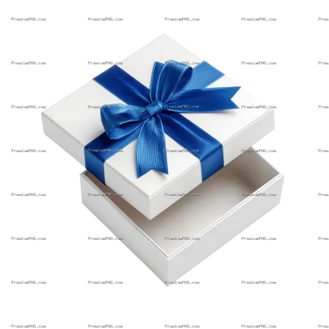 White Open Gift Box with Blue Ribbon - Isolated 3D Rendering (PNG Transparency)
