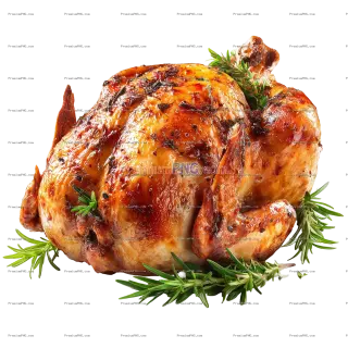 Related image: Whole roasted turkey or chicken garnished with fresh herbs isolated on white background