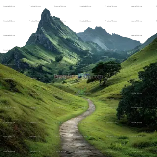 Related image: Winding Pathway Through Lush Green Valley with Majestic Mountains on Transparent Background
