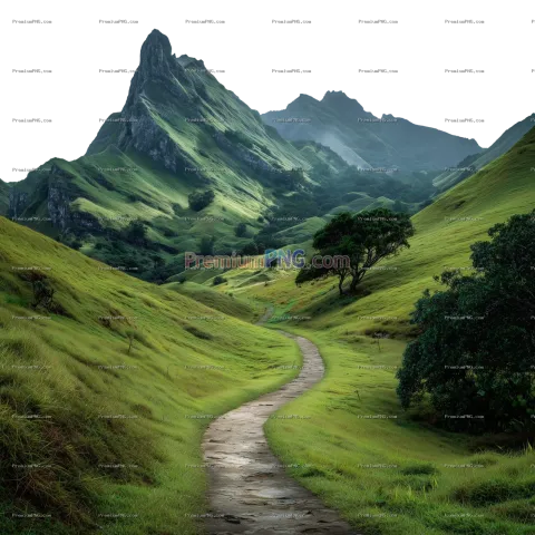 Winding Pathway Through Lush Green Valley with Majestic Mountains on Transparent Background