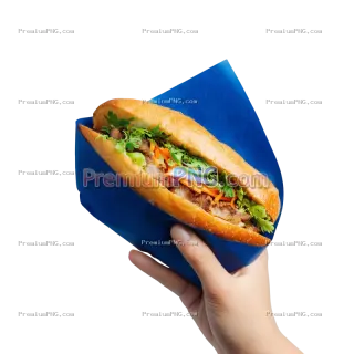 Related image: Woman's hand holding Vietnamese bread filled with meat and vegetables, covered with blue paper