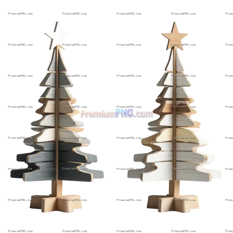 Wooden Christmas Tree with Gray Slats and White Star on Stand PNG Cutout